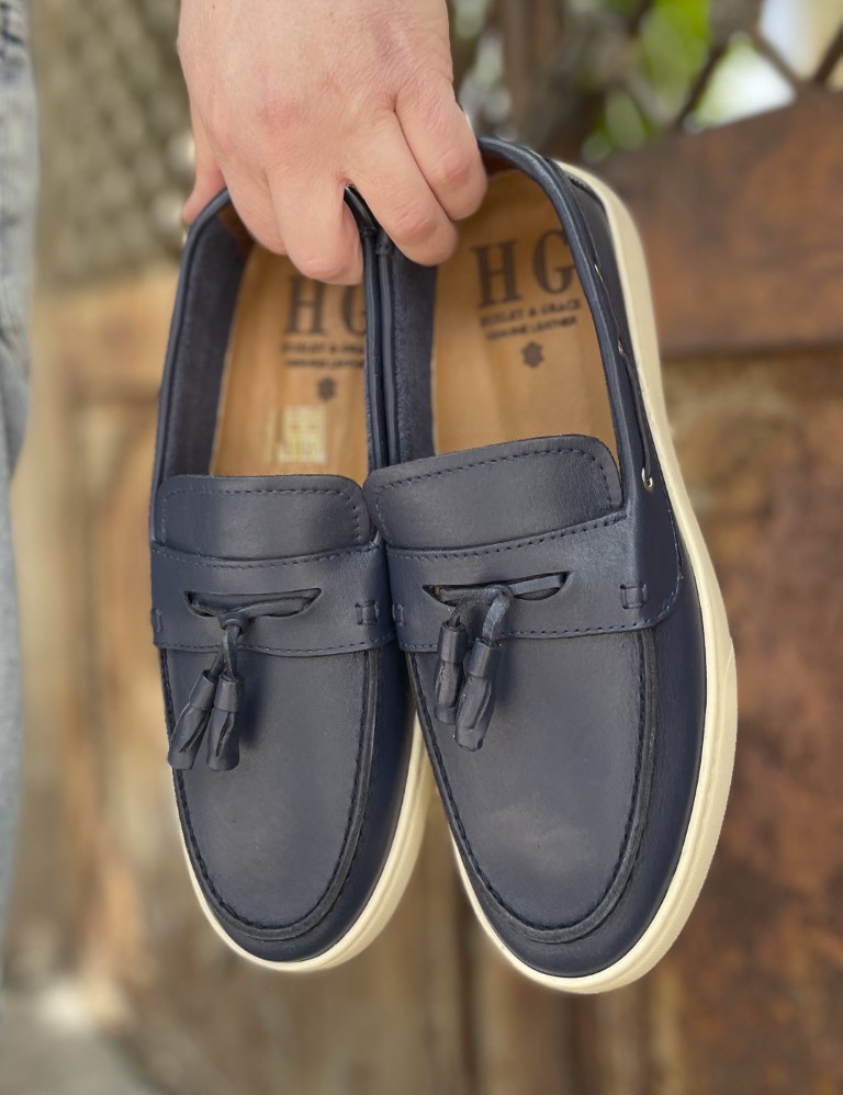 Huxley and Grace ανδρικά μπλε δερμάτινα loafers με tassels HG174194B φωτογραφία
